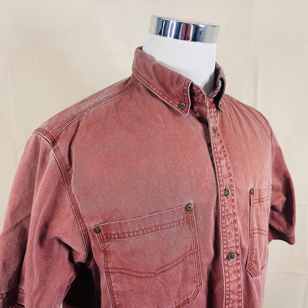 Schnees Medium Short Sleeve Button Down Shirt Red Cotton Canvas Bozeman Montana